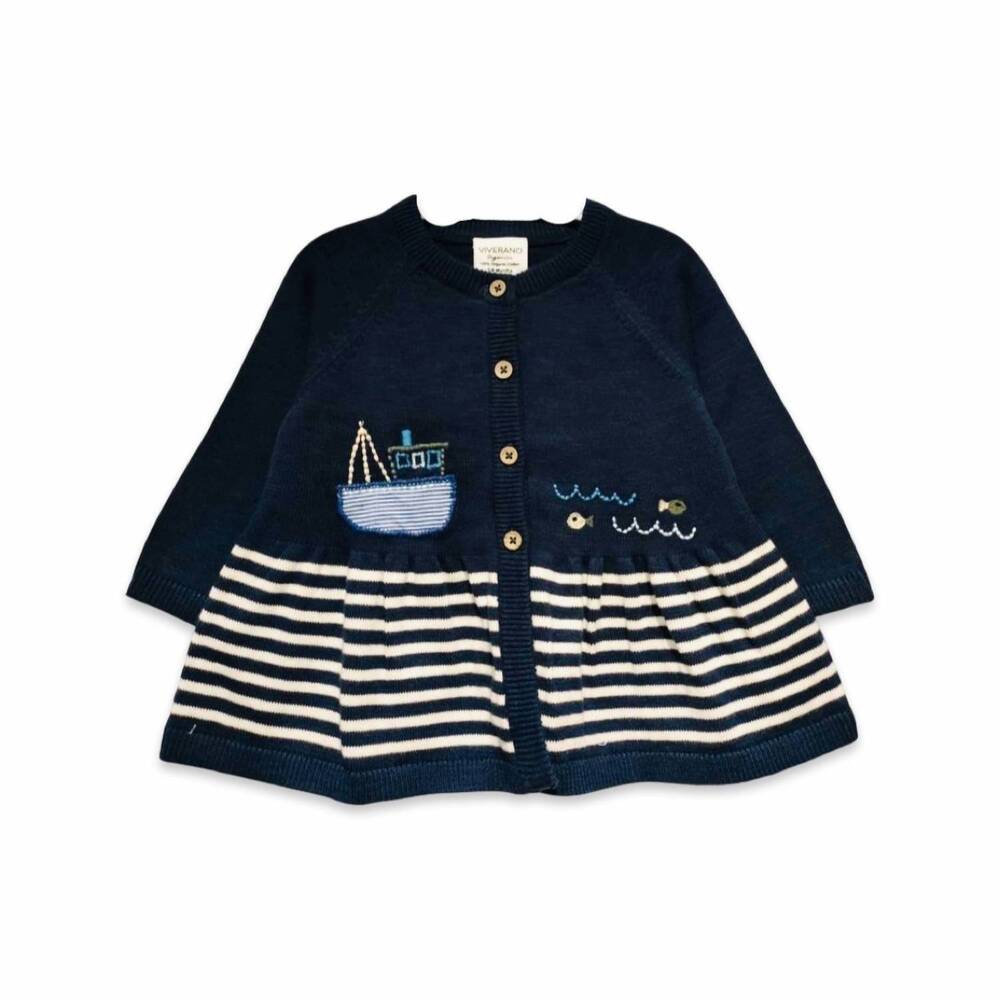 NEW VIVERANO ORGANICS girl's sailboat flare sweater knit dress in navy blue
